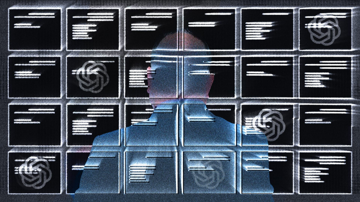 A figure seen from behind, dissolving into a wall of chat windows marked with the OpenAI logo