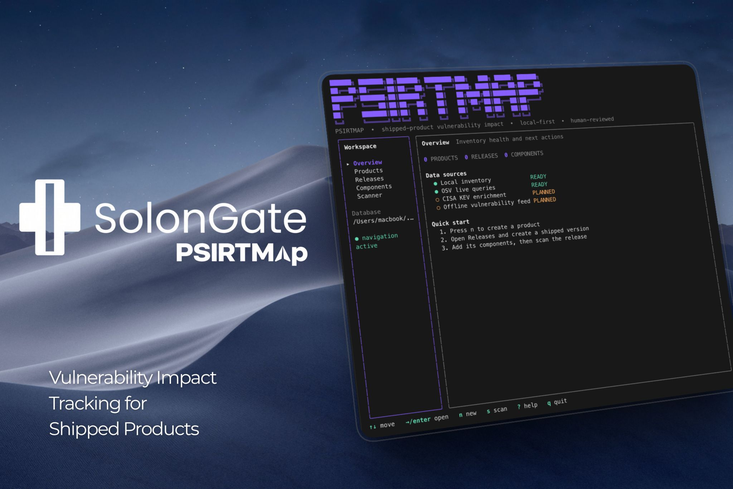 The PSIRTMap dashboard on a laptop: a workspace with products, releases, components and a scanner, the data sources it reads, and the three steps to a first scan